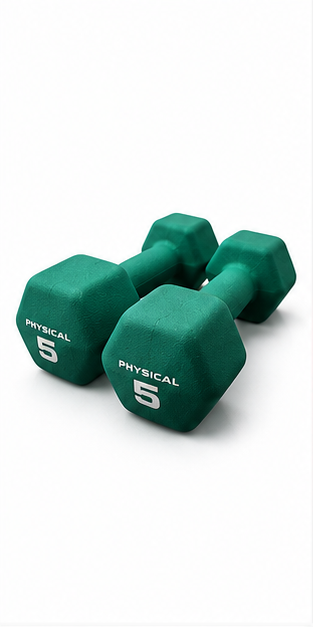 Two green hexagonal dumbbells with white 'PHYSICAL 5' text, arranged on a clean white background.