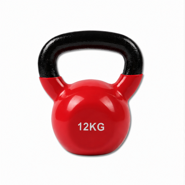 A 12kg kettlebell with a glossy red body and a black handle, featuring the text '12KG' in white on the front, set against a plain white background.
