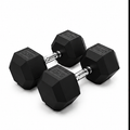 Two 15kg black rubber hex dumbbells with chrome handles arranged on a clean white background.