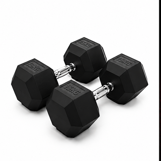 Two 15kg black rubber hex dumbbells with chrome handles arranged on a clean white background.