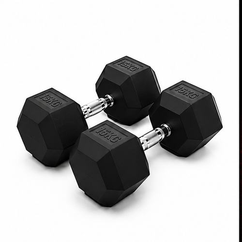 Two 15kg black rubber hex dumbbells with chrome handles arranged on a clean white background.