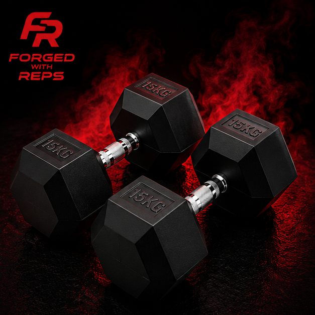 Four black hex dumbbells with silver handles arranged on a dark surface with red dramatic lighting and smoke. The brand logo 'FORGED WITH REPS' appears in the top left, and '15KG' is embossed on the dumbbell heads.