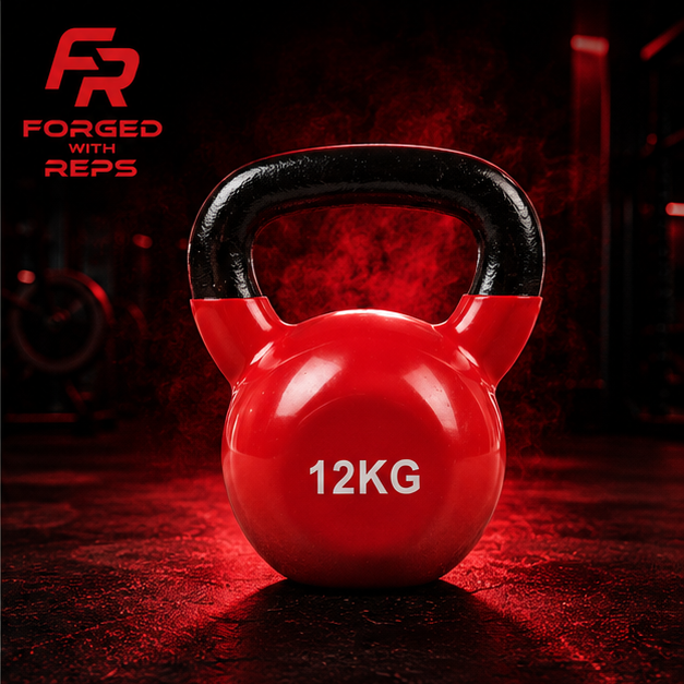 A red 12kg kettlebell with a black handle, shown on a dark gym floor with red lighting and a blurred gym background. The logo 'FORGED WITH REPS' is visible in the top left corner.