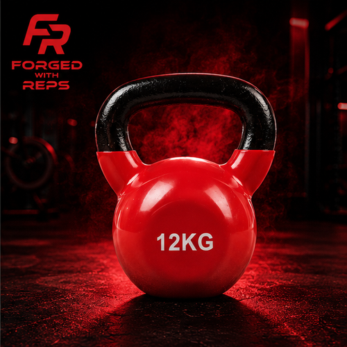 A red 12kg kettlebell with a black handle, shown on a dark gym floor with red lighting and a blurred gym background. The logo 'FORGED WITH REPS' is visible in the top left corner.