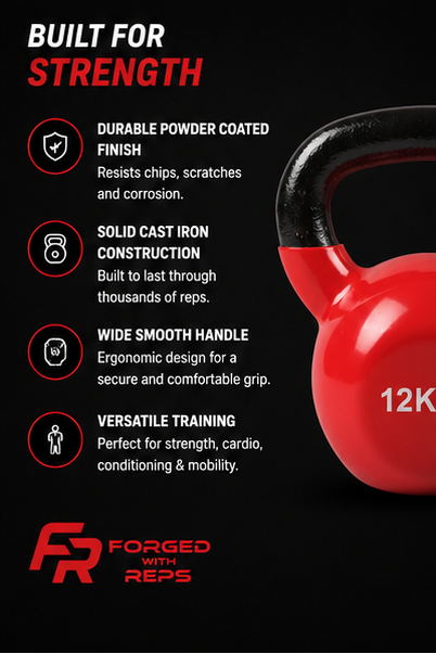 A promotional graphic for a red kettlebell with a black handle on a black background. The left side lists product features in white and red text, including durable powder coated finish, solid cast iron construction, wide smooth handle, and versatile training.