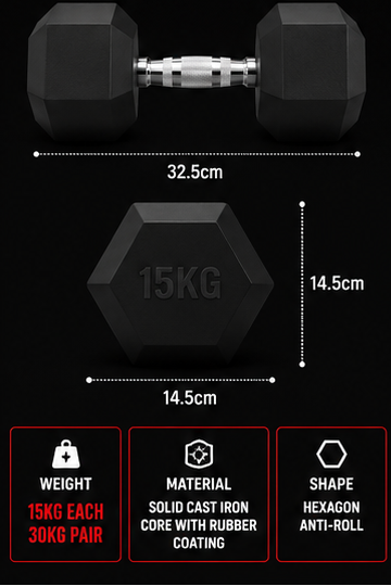 Specification graphic for a 15kg hex dumbbell on a black background, showing the dumbbell from the front and side with dimensions labeled 32.5cm, 14.
