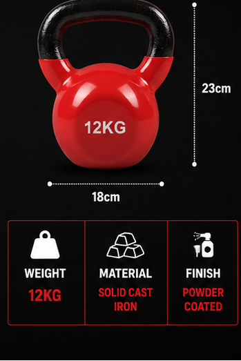 Red and black 12kg kettlebell with dimension markings showing 23cm height and 18cm width on a black specifications background.