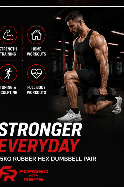 A muscular man in a black tank top and shorts holds a pair of black rubber hex dumbbells in a dark gym setting. The graphic includes text reading 'STRONGER EVERYDAY', '25KG RUBBER HEX DUMBBELL PAIR', and the 'Forged with REPS' logo.