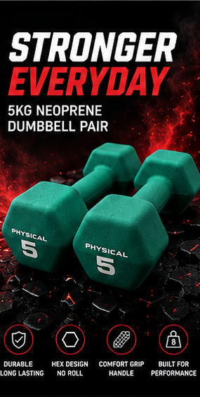 A pair of green hex dumbbells labeled 'PHYSICAL 5' on a dark red and black promotional background with the text 'STRONGER EVERYDAY' and feature icons below.