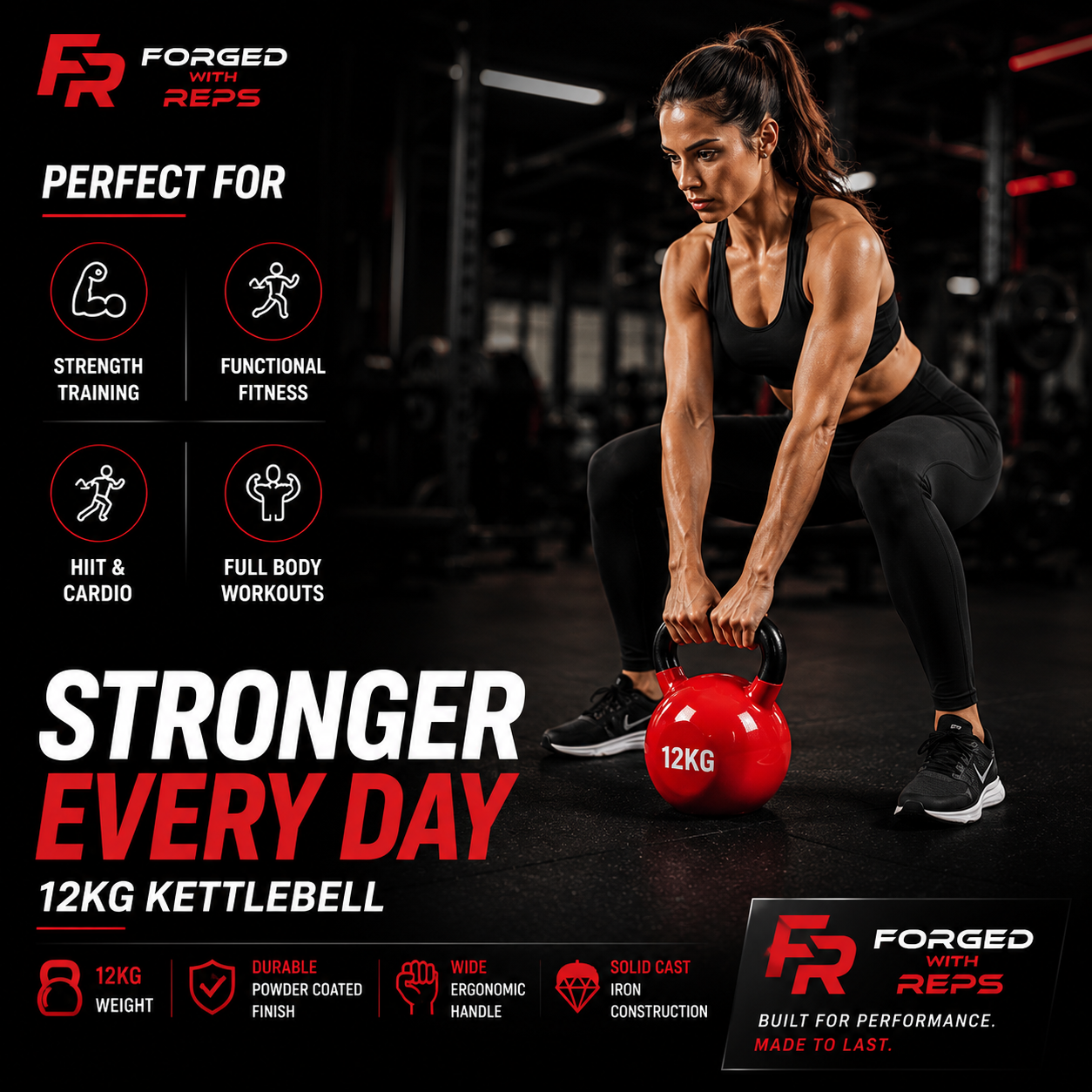 A woman in a gym setting squats down to lift a red 12kg kettlebell. The image is a promotional graphic for a forged kettlebell by Forged with REPS, featuring product features and benefits text on a dark gym background.