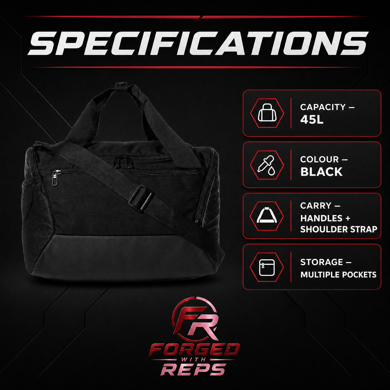 Gym Duffel Bag 45L - Black - specifications