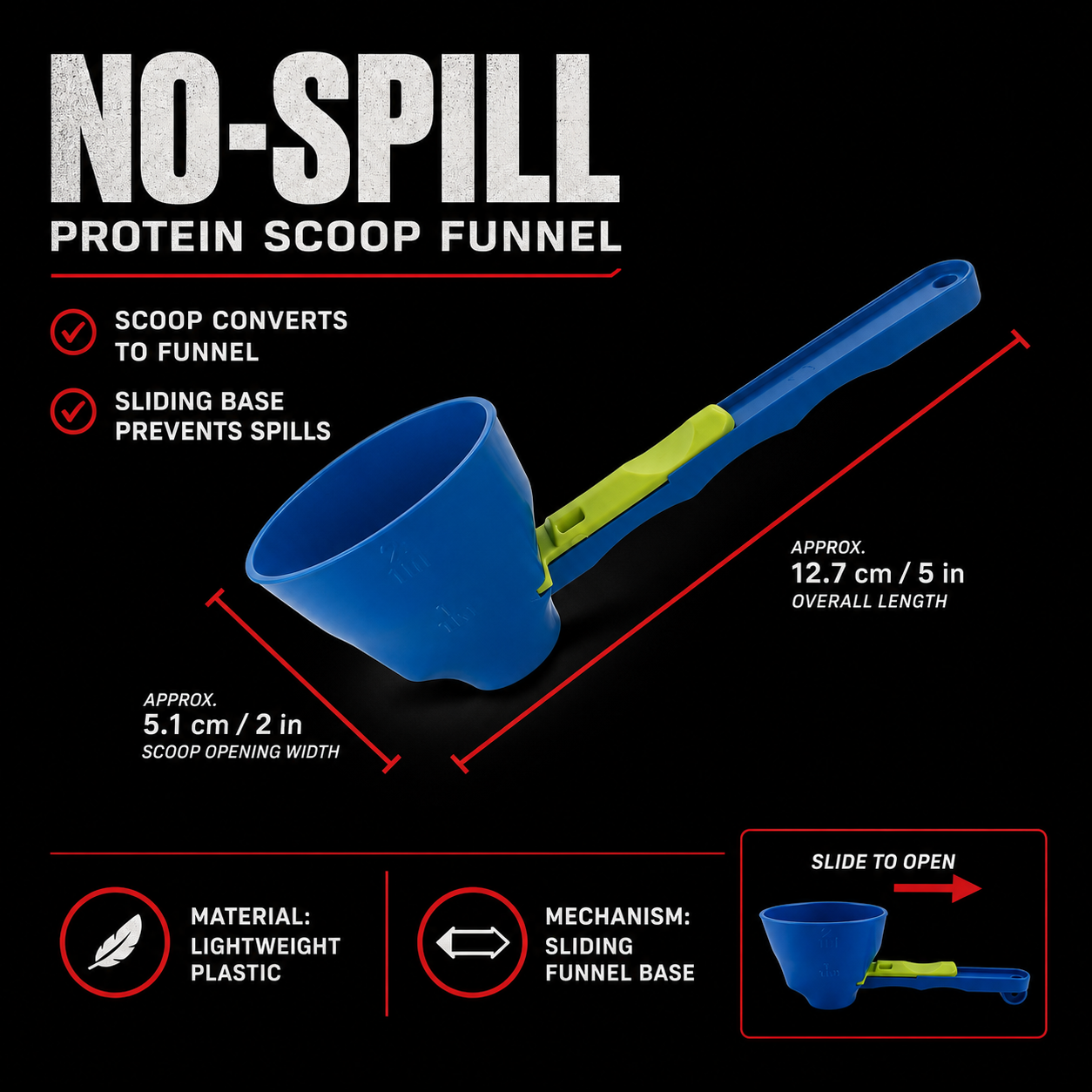 No-Spill Protein Scoop Funnel - specifications