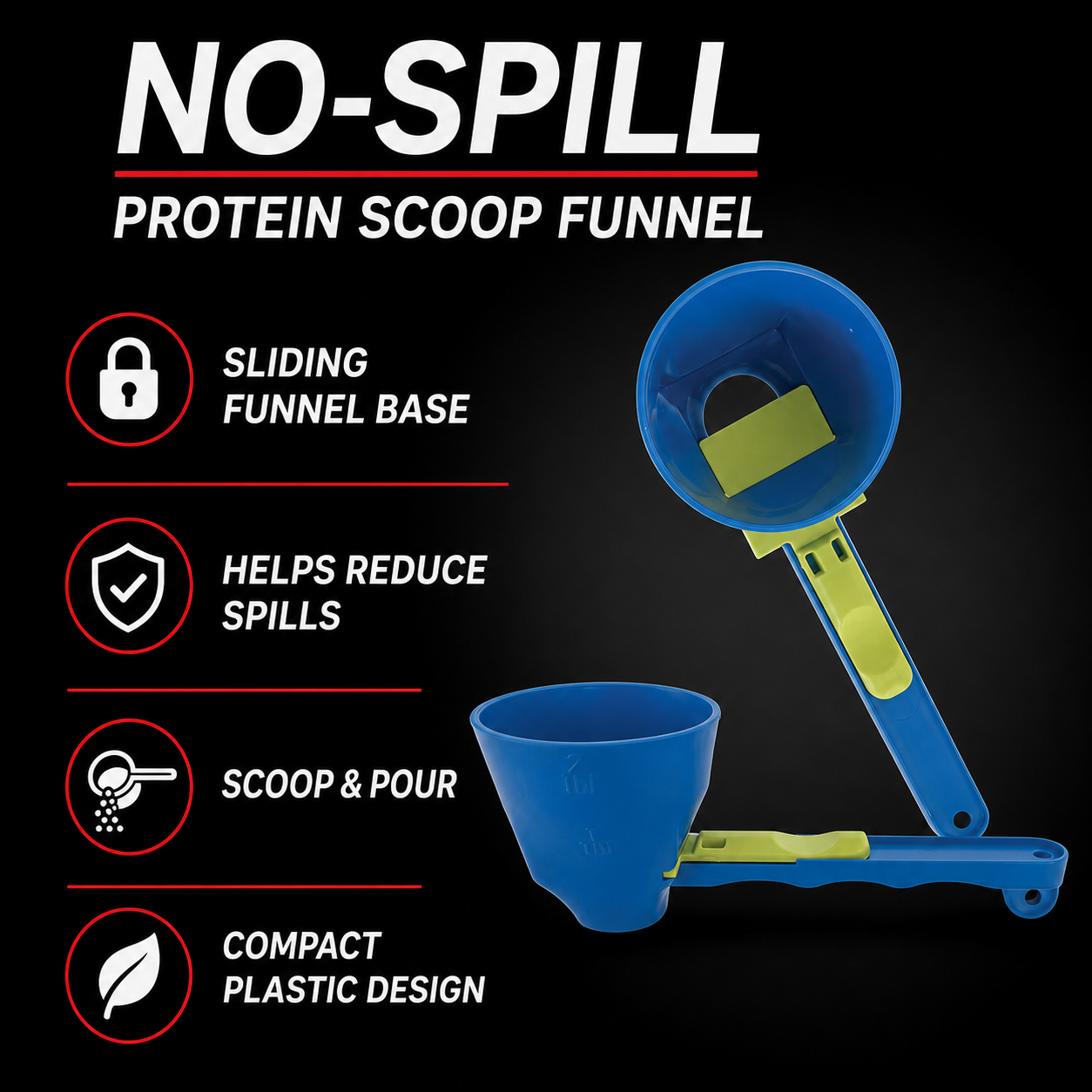 No-Spill Protein Scoop Funnel - features