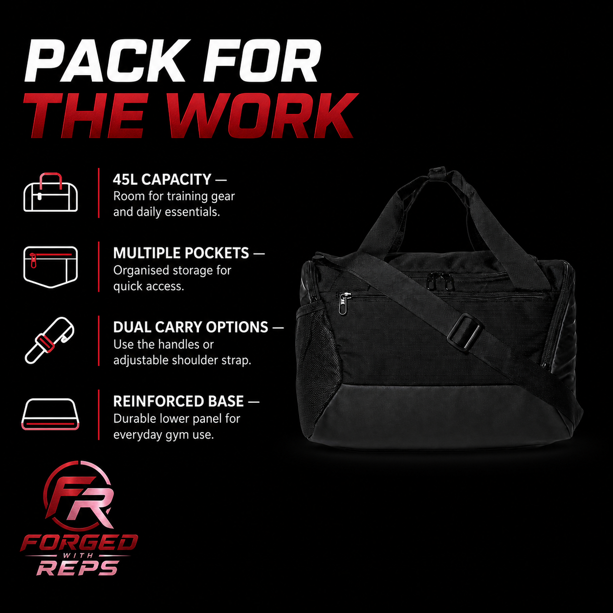 Gym Duffel Bag 45L - Black - features