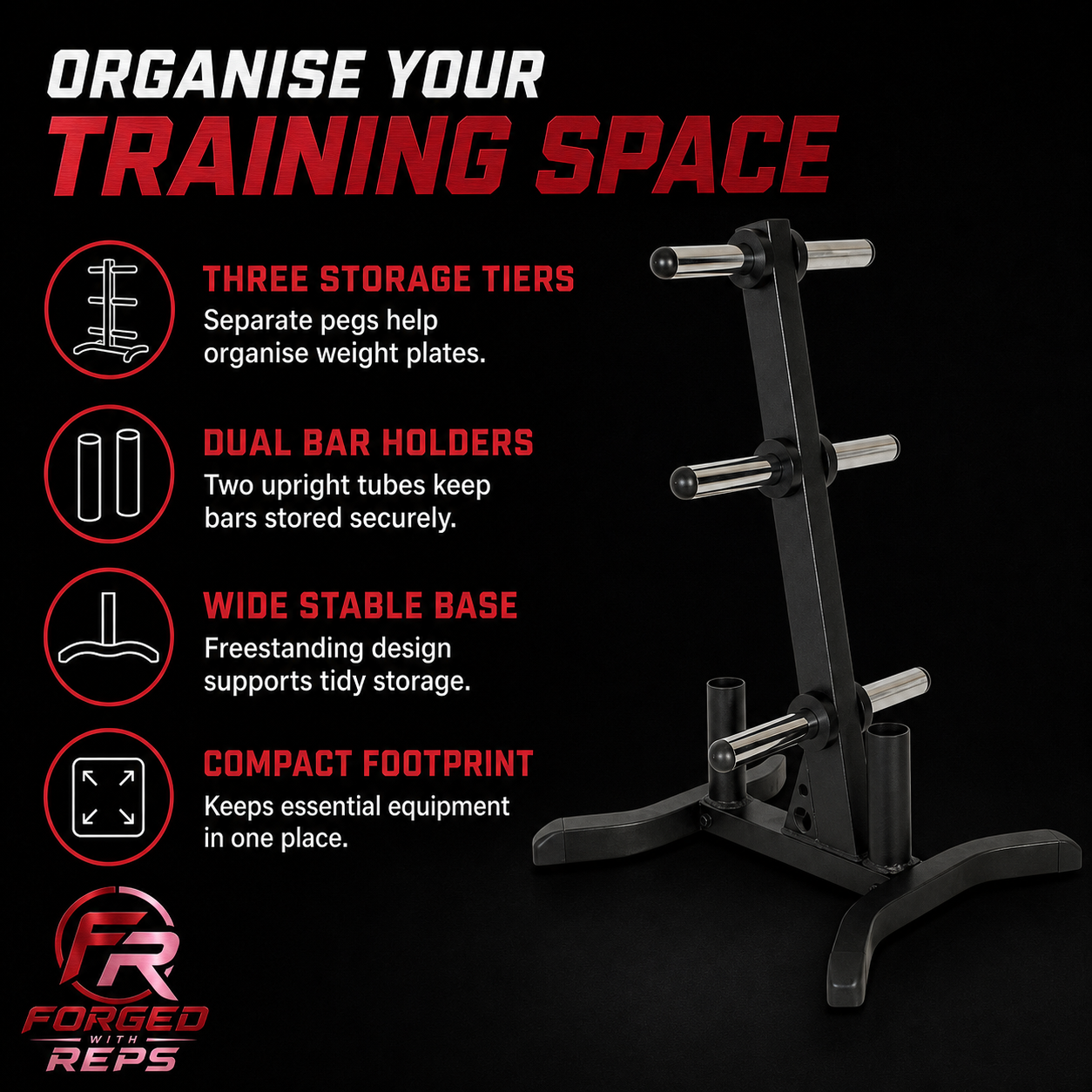 Weight Plate Tree and Bar Holders features