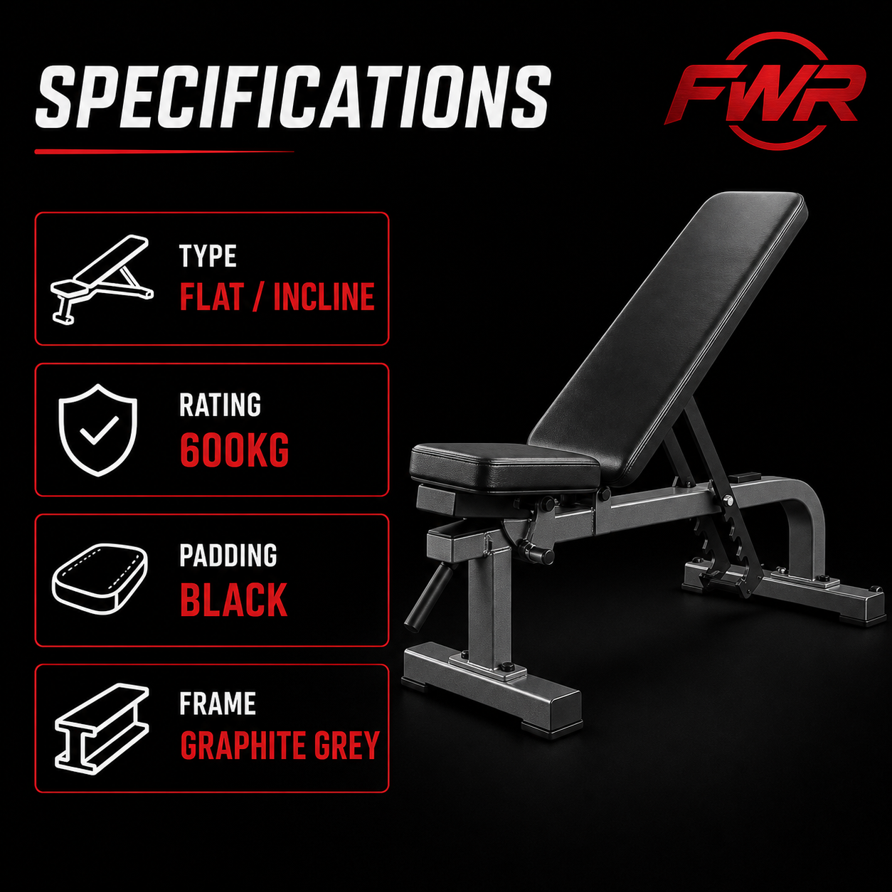 Flat Incline Bench 600kg Rated - specifications