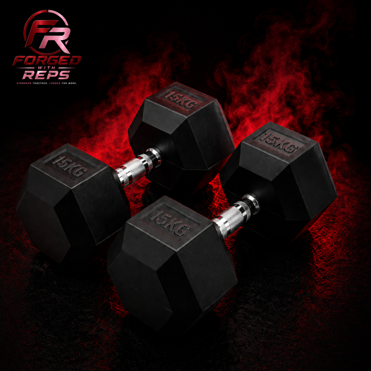 15KG Rubber Hex Dumbbell Pair premium hero with black dumbbells, forged red lighting and the approved Forged With Reps logo