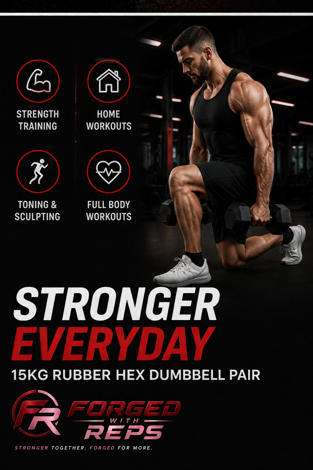15KG Rubber Hex Dumbbell Pair promotional training image with the approved Forged With Reps logo