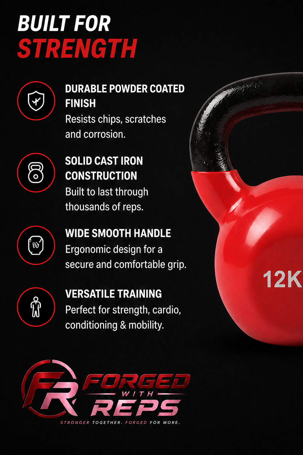 12kg cast-iron kettlebell features: powder-coated finish, solid cast iron, wide handle and versatile training with the approved Forged With Reps logo