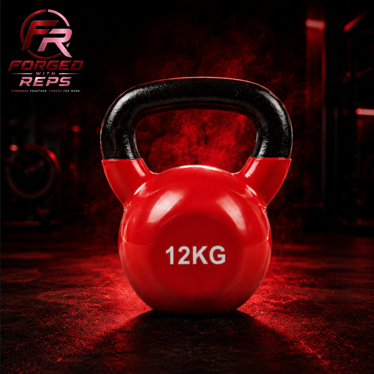 12kg red cast-iron kettlebell on a dramatic black and forged-red gym background with the approved Forged With Reps logo