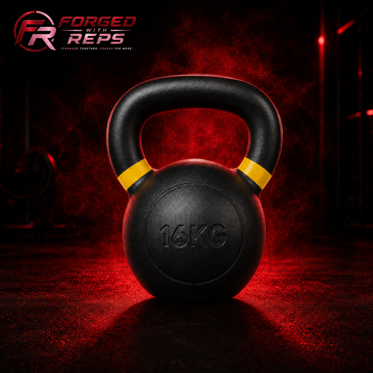 16kg black cast-iron kettlebell with yellow handle bands on a dramatic black and forged-red background with the approved Forged With Reps logo